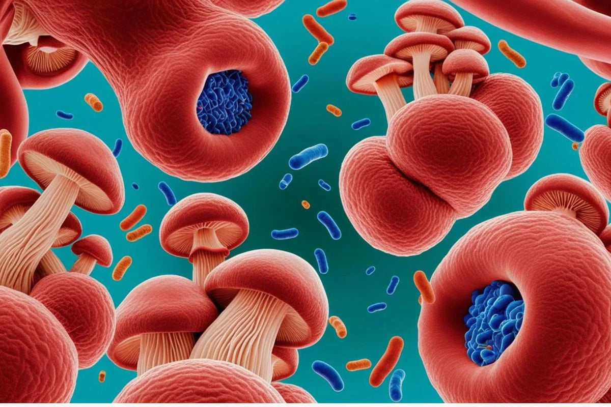 Champignons médicinaux et microbiote intestinal : symbiose naturelle illustrée.