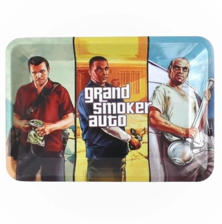 Plateau à rouler en acier avec design inspiré de Grand Smoker Auto, idéal pour les amateurs de produits CBD et accessoires pratiques.