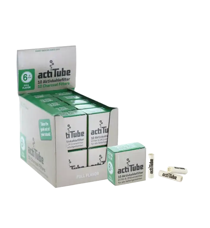 Filtres à charbon Actitube Extra Slim en boîte de 10, idéaux pour remplacer les filtres cartons. Réduction de 50% de charbon pour un goût pur.