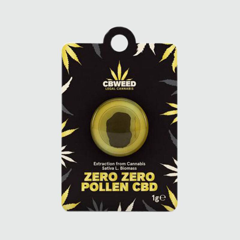 Résine CBD Double Zero Pollen 1g, concentré compact et puissant, idéal pour les suppléments CBD pour animaux. Emballage noir avec motifs de feuilles de cannabis.