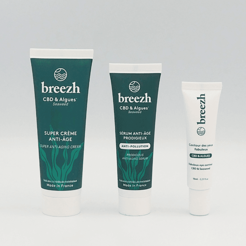 Lot de 3 cosmétiques Breezh® : crème anti-âge, sérum anti-pollution et contour des yeux au CBD et algues. Soin naturel français pour peau éclatante.