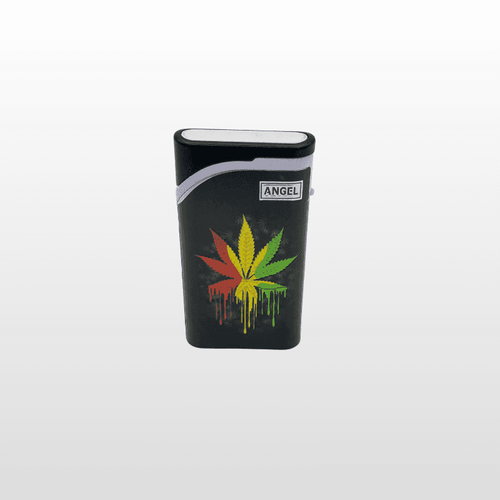 BRIQUET TEMPETE RECHARGEABLE avec design feuille de cannabis reggae, flamme puissante et style unique pour accessoires fumeurs.
