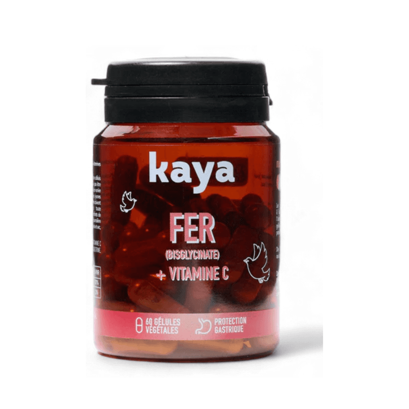 CURE FER et VITAMINE C KAYA en gélules végétales, idéale pour énergie et immunité, avec protection gastrique. Pot de 60 gélules.