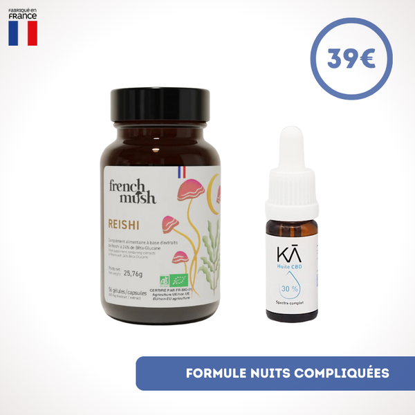 Pack Form nuits compliquées avec capsules de Reishi bio et huile CBD 30% pour améliorer le sommeil, fabriqué en France.