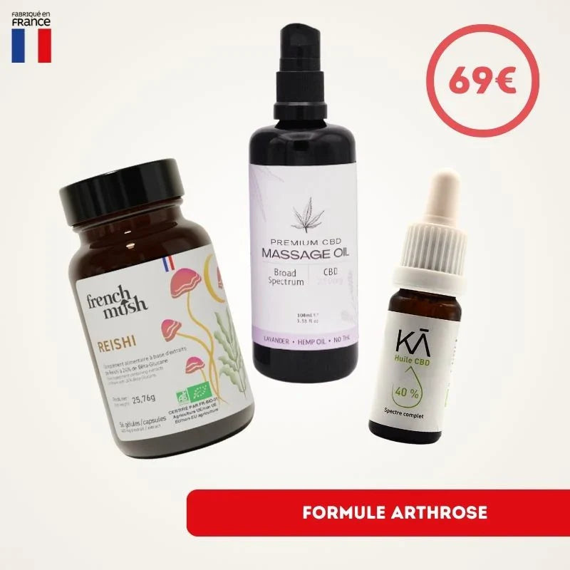 Pack Formule Arthrose comprenant des gélules Reishi, une huile CBD 40% et une huile de massage CBD à spectre large, idéal pour soulager les douleurs articulaires.