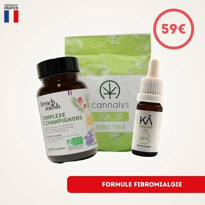 Formule Fibromyalgie cbd reishi avec huile CBD 40%, bonbons CBD pomme 300mg et complexe 5 champignons pour soulager douleurs et anxiété.