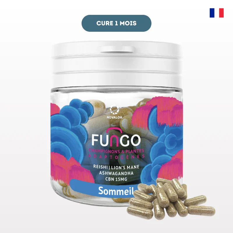 Gélules Sommeil CBN Fungo NOVALOA pour un sommeil naturel et réparateur. Formule avec Reishi, Lions Mane, Ashwagandha et CBN 15mg.