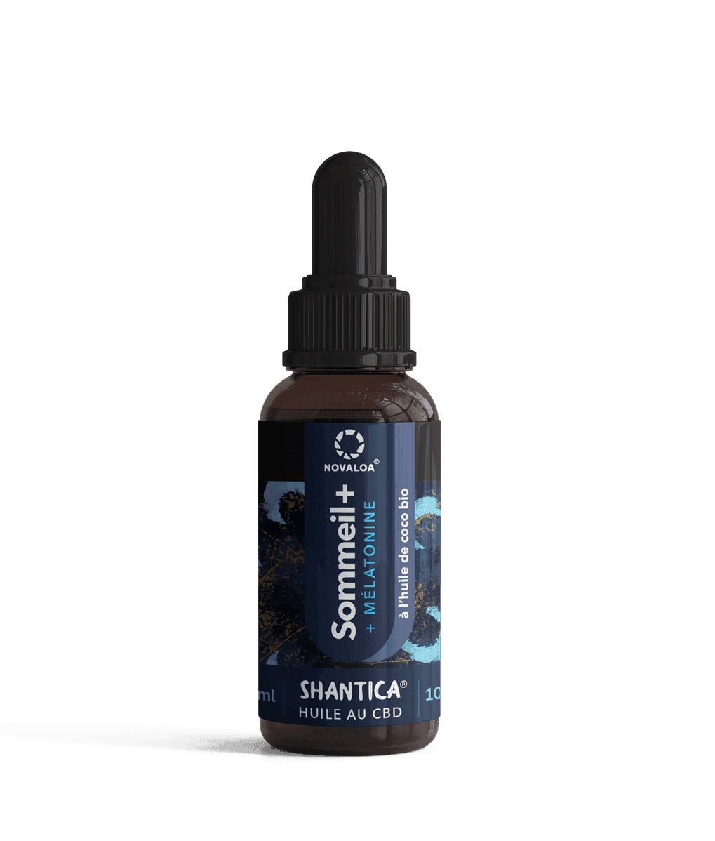 Flacon d'huile sommeil CBN/CBD/Mélatonine des laboratoires NOVALOA®, enrichi en huile de coco bio, pour le bien-être et le sommeil.
