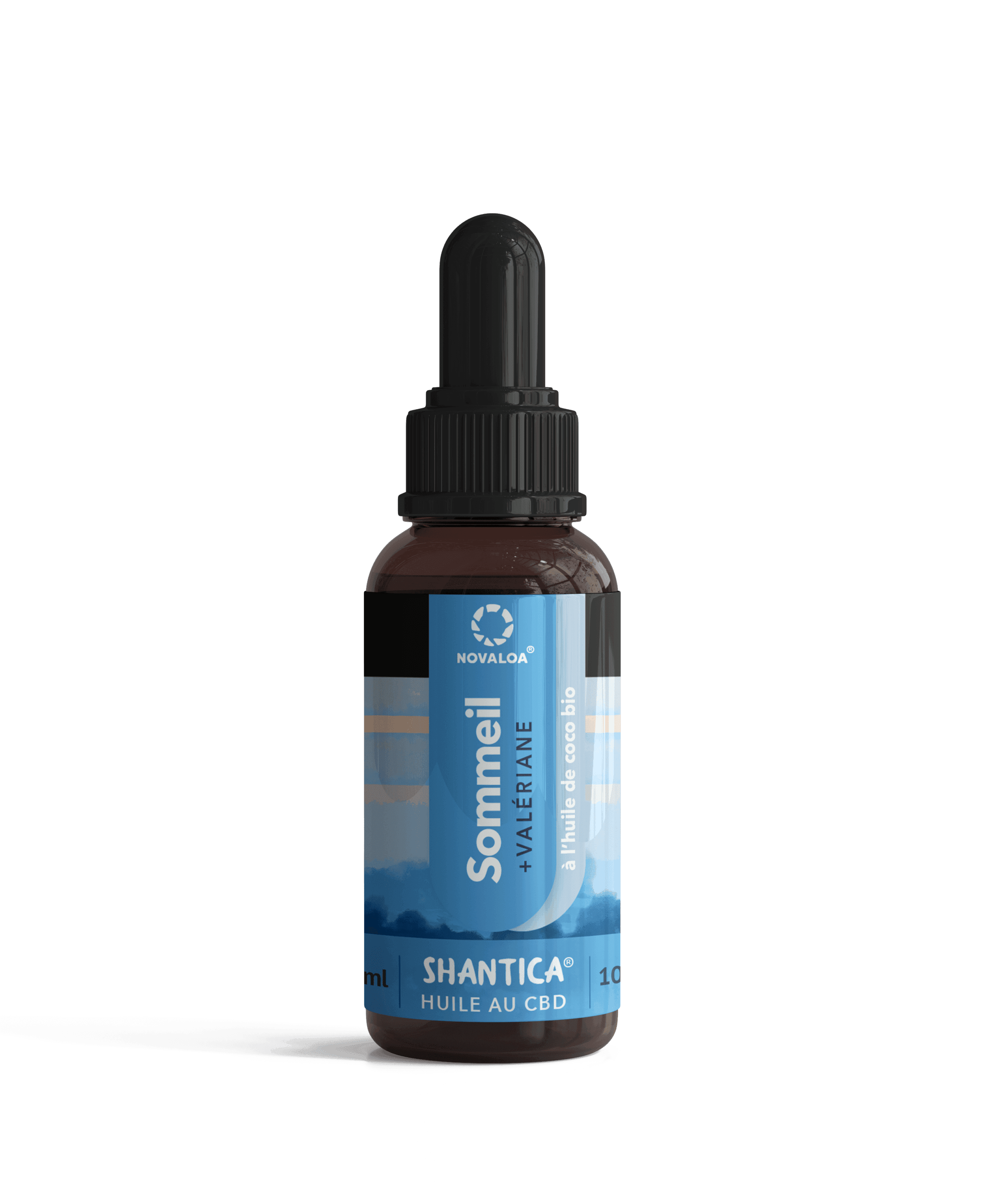 Flacon d'Huile Sommeil CBN / CBD / Valériane des laboratoires NOVALOA, conçu pour améliorer le sommeil et le bien-être. Produit fabriqué en France.