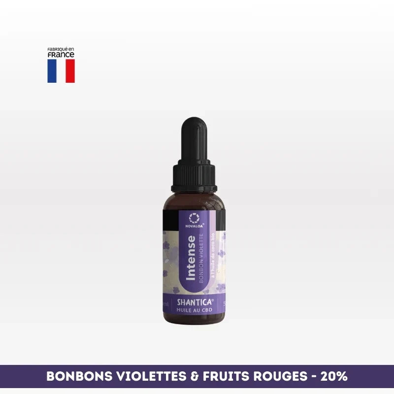 Huile CBD l’intense Spectre complet NOVALOA 20% saveur bonbons violettes et fruits rouges, idéale pour stress, douleurs et sommeil