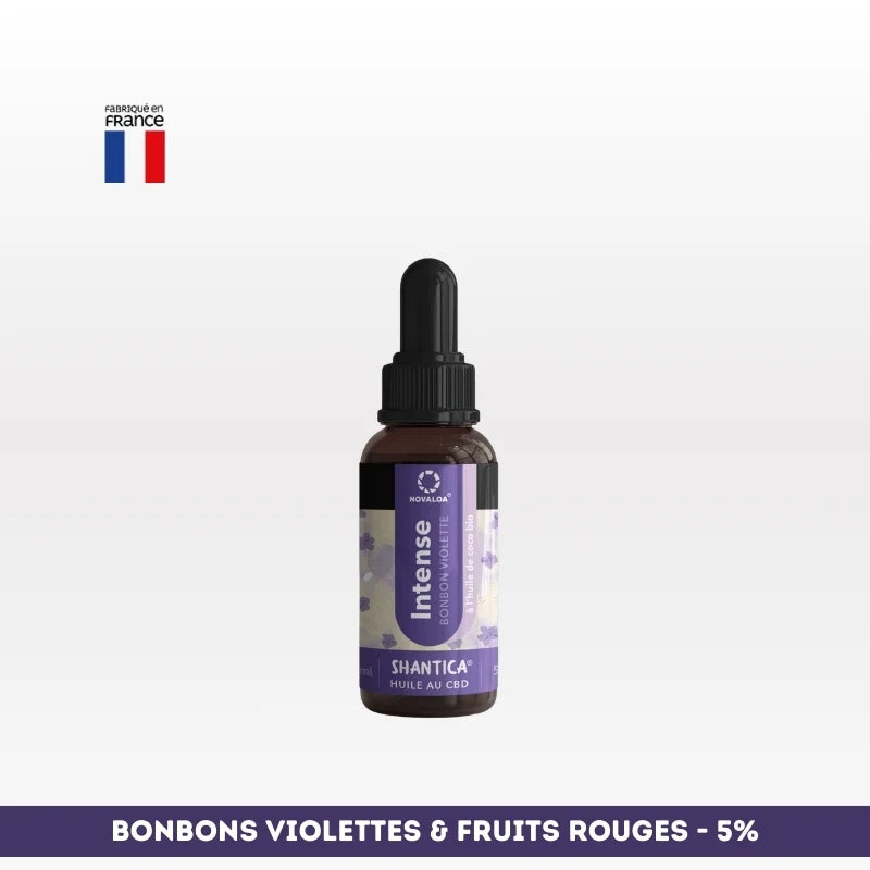 Huile CBD l’intense Spectre complet NOVALOA 5% saveur bonbons violettes et fruits rouges, idéale pour stress, douleurs et sommeil.