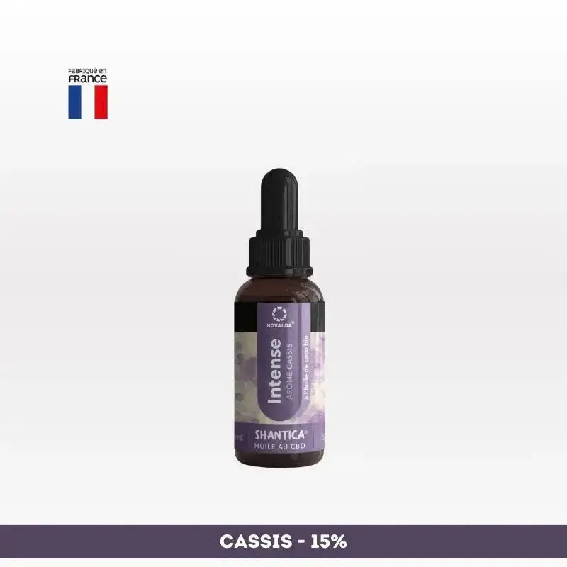 Huile CBD l’intense Spectre complet NOVALOA 15% cassis, fabriquée en France, idéale pour soulager stress, douleurs et troubles du sommeil.