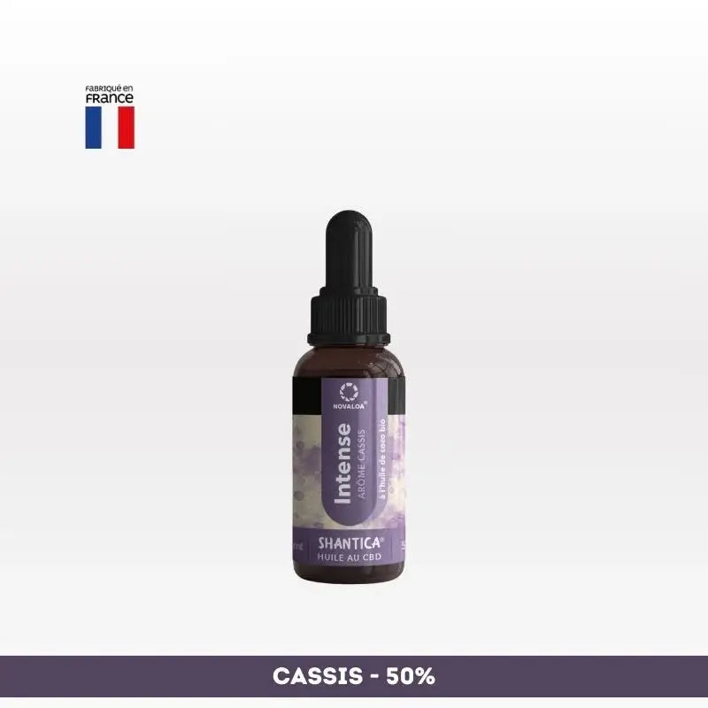 Huile CBD l’intense Spectre complet NOVALOA 50% cassis, fabriquée en France, idéale pour soulager stress, douleurs et troubles du sommeil.