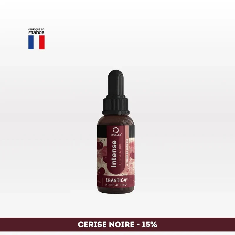 Huile CBD l’intense Spectre complet NOVALOA Cerise Noire 15%, fabriquée en France, idéale pour soulager stress, douleurs et troubles du sommeil.