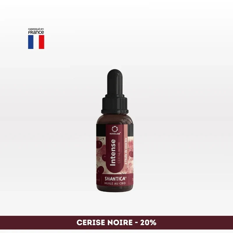 Huile CBD l’intense Spectre complet NOVALOA Cerise Noire 20%, fabriquée en France, idéale pour soulager stress, douleurs et troubles du sommeil.