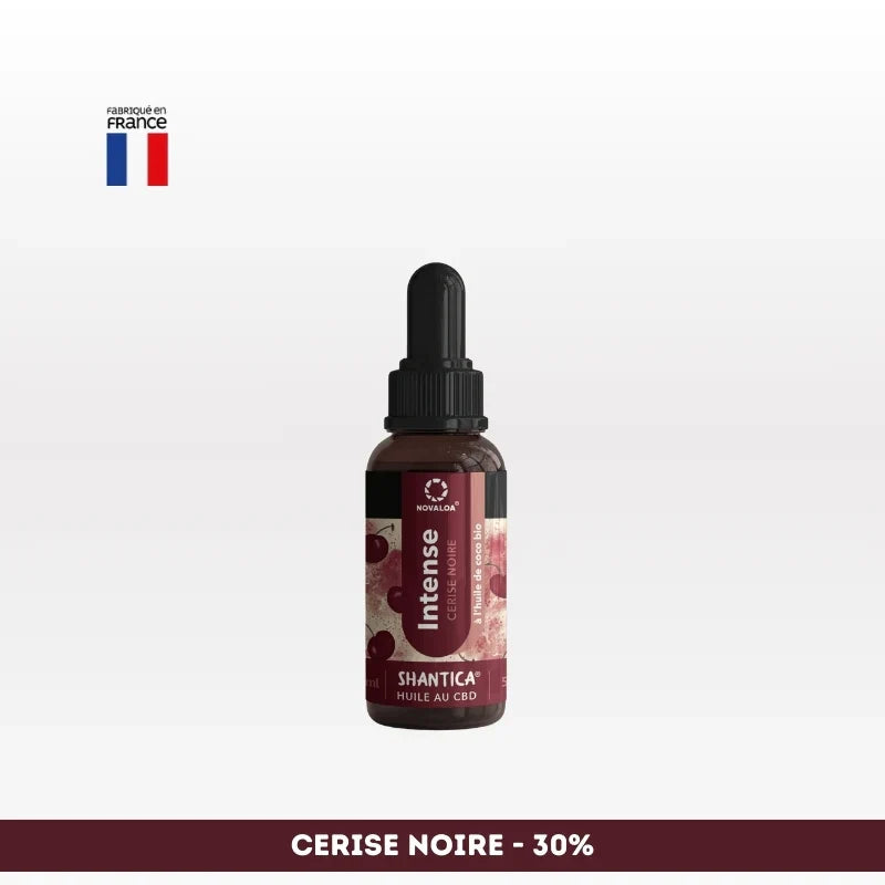 Huile CBD l’intense Spectre complet NOVALOA Cerise Noire 30%, fabriquée en France, idéale pour soulager stress, douleurs et troubles du sommeil.