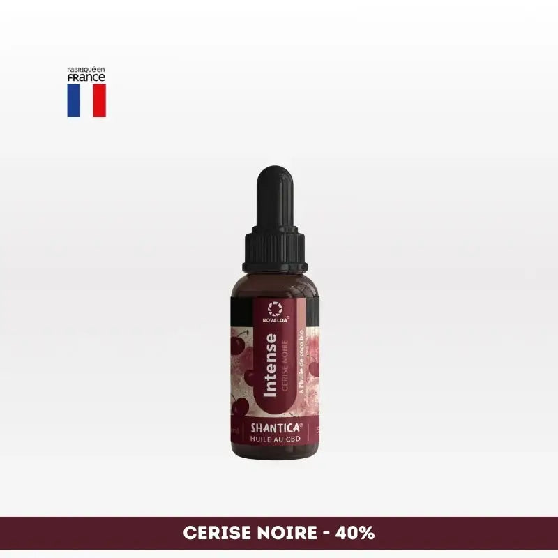 Huile CBD l’intense Spectre complet NOVALOA Cerise Noire 40%, fabriquée en France, idéale pour soulager stress, douleurs et troubles du sommeil.