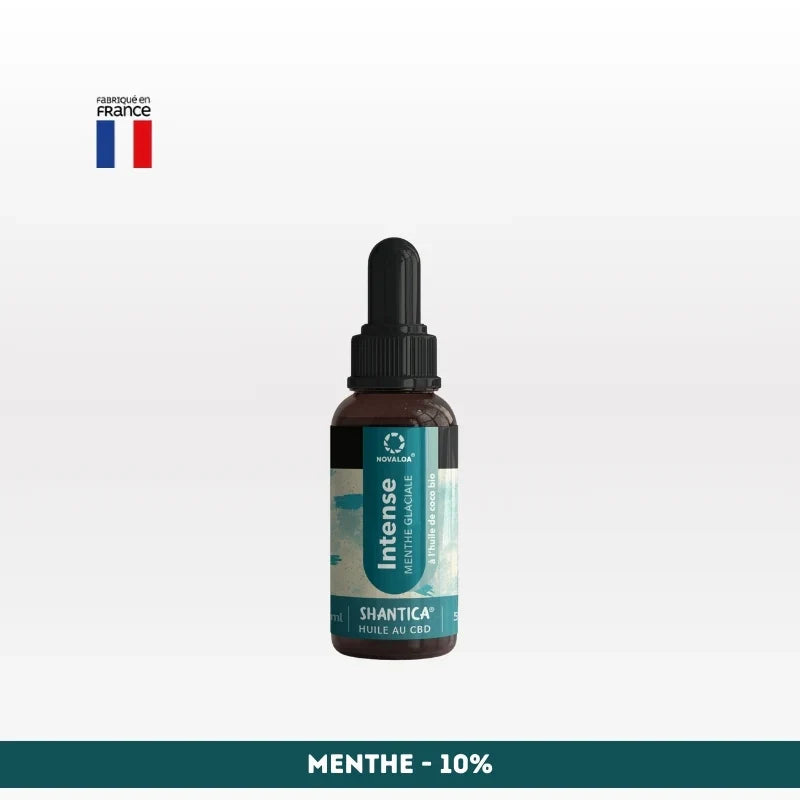 Huile CBD l’intense Spectre complet NOVALOA menthe 10%, soulagement du stress et douleurs, huile bio pour sommeil et bien-être.