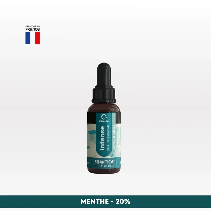 Huile CBD l’intense Spectre complet NOVALOA menthe 20%, soulagement du stress et douleurs, huile bio pour sommeil et bien-être.
