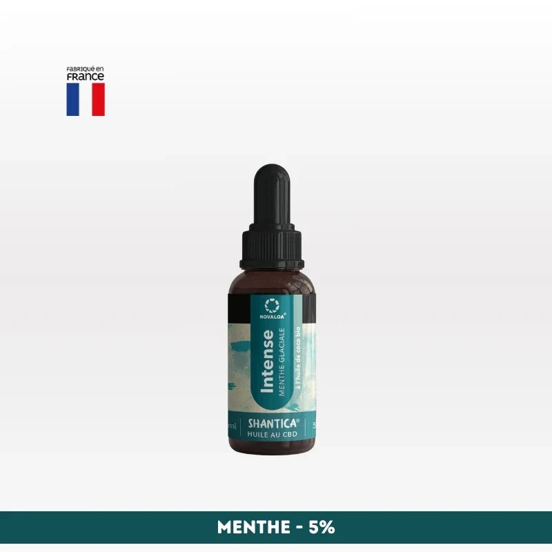 Huile CBD l’intense Spectre complet NOVALOA menthe 5%, soulagement du stress et douleurs, huile bio pour sommeil et bien-être.