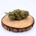 Fleur de CBD premium cultivée en serre, posée sur un support en bois naturel. Qualité supérieure pour bienfaits et arôme riches.