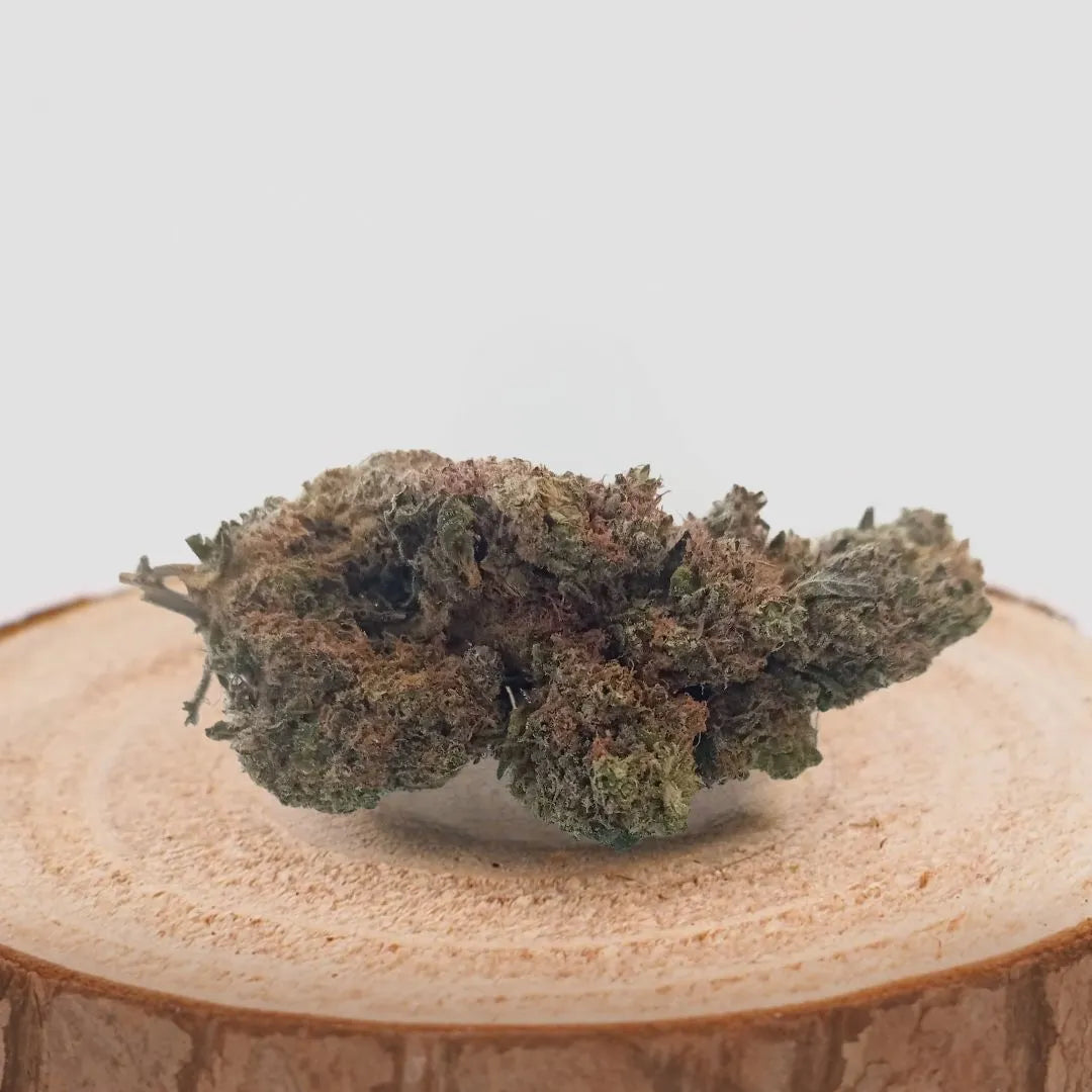 Fleur de CBD MONSTER KUSH cultivée en Indoor suisse, posée sur une base en bois. 100% naturelle avec un taux de CBD de 11,9%.