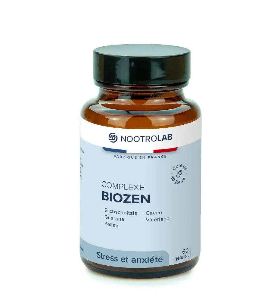 Flacon de Complexe Biozen I Relaxant naturelle à base de plantes, 60 gélules anti-stress à base d’eschscholtzia, guarana et valériane.