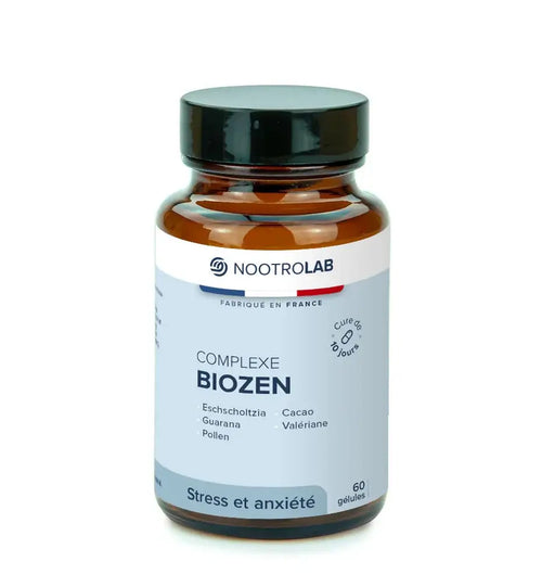 Flacon de Complexe Biozen I Relaxant naturelle à base de plantes, 60 gélules anti-stress à base d’eschscholtzia, guarana et valériane.