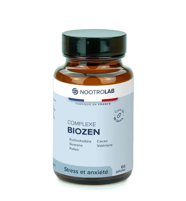 Flacon de Complexe Biozen I Relaxant naturelle à base de plantes, 60 gélules anti-stress à base d’eschscholtzia, guarana et valériane.