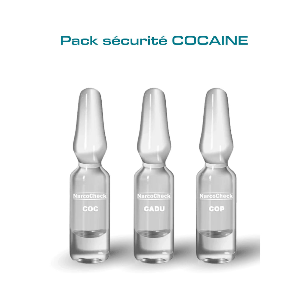 Pack Sécurité Cocaïne - Pureté Cocaïne | Tests Complets avec ampoules NarcoCheck COC, CADU et COP pour dépistage de cocaïne et coupe.