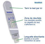 Test Salivaire Multi-Drogues NarcoCheck® avec zones de résultats pour dépistage rapide de 5 drogues majeures. Langue d'absorption incluse.