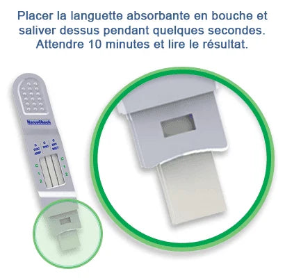 Test Salivaire Multi-Drogues NarcoCheck® avec languette absorbante pour dépistage rapide de 5 drogues majeures. Instructions d'utilisation incluses.