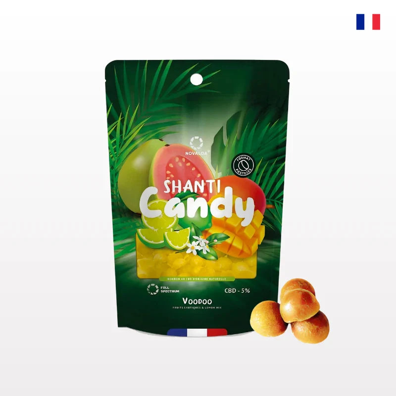 Bonbons CBD de Novaloa SHANTI CANDY au CBD 5%, saveurs fruitées de mangue, citron vert et vanille, pour relaxation et bien-être.