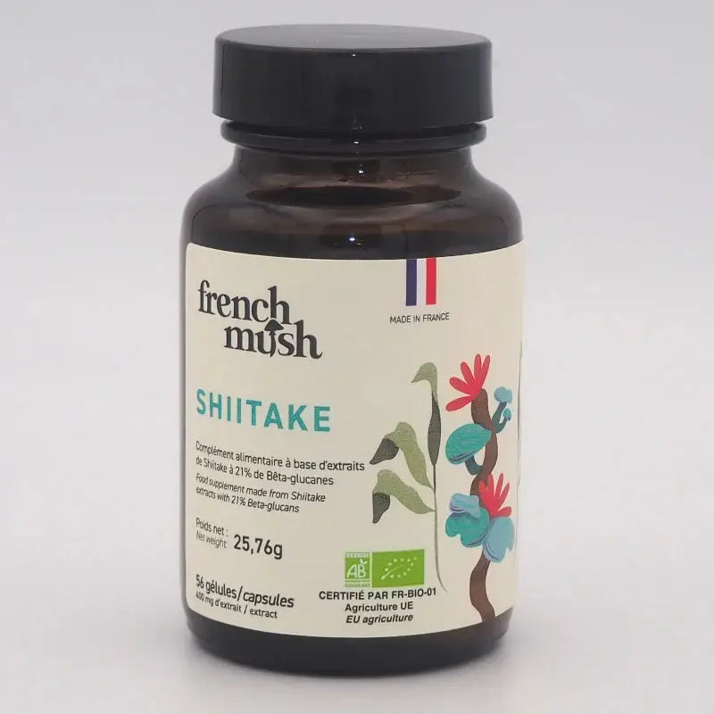 Gélules de shiitaké bio French Mush, booster d'immunité naturel avec 21% de bêta-glucanes, certifié AB, flacon de 54 gélules.