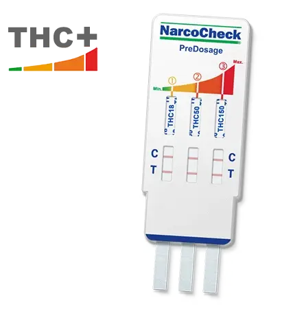 Test de cannabis NarcoCheck avec pré-dosage urinaire, affichant des niveaux de THC pour des résultats rapides et précis en 5 minutes.