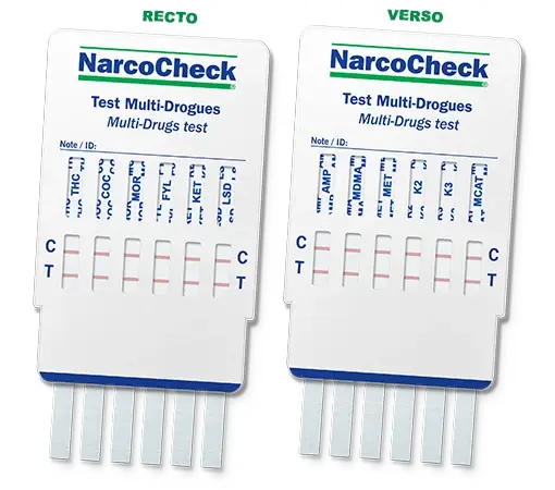 Test urinaire NarcoCheck® Multi-Drogues (12 en 1) avec affichage recto et verso, conçu pour un dépistage rapide et fiable des substances psychoactives.