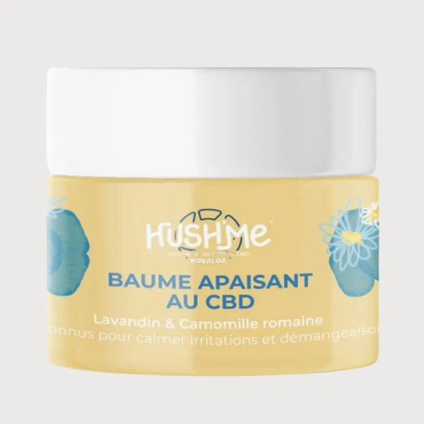 Baume Apaisant CBD Novaloa avec lavandin et camomille romaine, idéal pour calmer irritations et démangeaisons. Soin naturel pour peau douce.