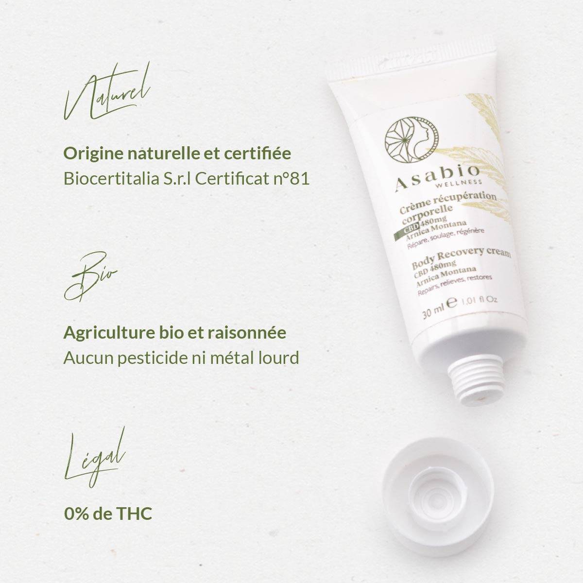 Tube de crème Asabio avec détails naturels et bio