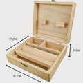 Boîte de rangement en bois avec 3 compartiments et plateau à rouler intégré, dimensions 17 x 15 x 6 cm, idéale pour organiser vos accessoires.
