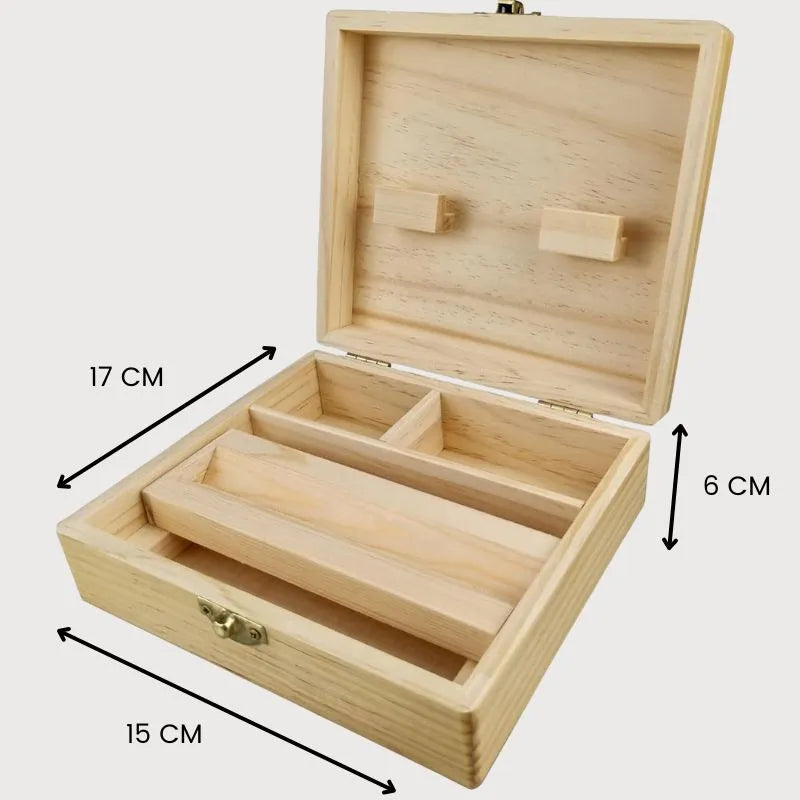 Boîte de rangement en bois avec 3 compartiments et plateau à rouler intégré, dimensions 17 x 15 x 6 cm, idéale pour organiser vos accessoires.