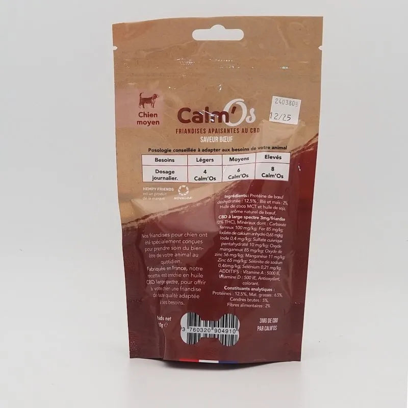 Friandises apaisantes au CBD pour moyen chien, saveur bœuf, 100g, Novaloa. Sachet refermable illustré avec une femme et un chien.