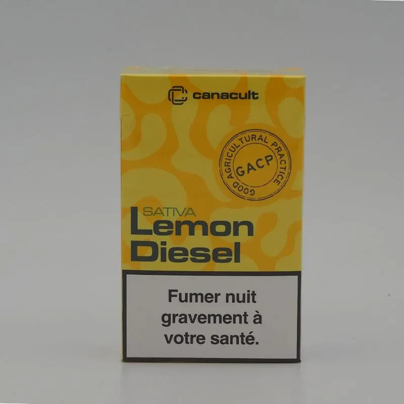 Boîte de 20 pré-rolls CBD Canacult Lemon Diesel, certifiés GACP, pour relaxation et sevrage. Produit français discret et efficace.