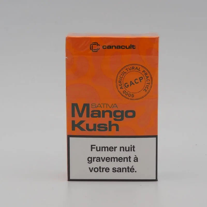 Paquet de 20 pré-rolls CBD Mango Kush de CANACULT, variété Sativa, avec label GACP, idéal pour relaxation et sevrage tabagique.