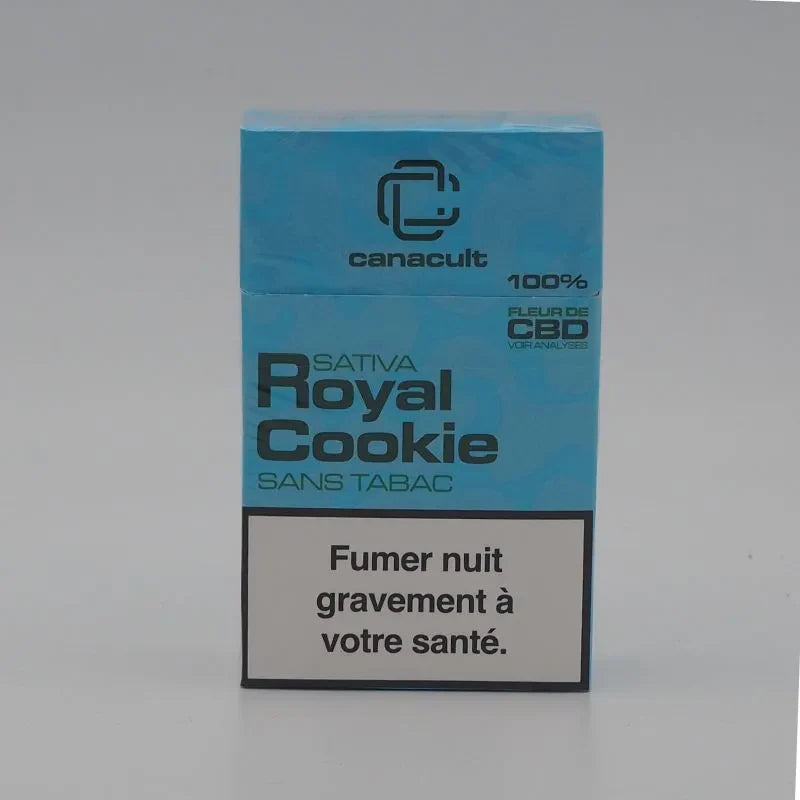 Paquet de 20 pré-rolls CBD Canacult Royal Cookie sans tabac, avec fleurs de CBD 100%, idéal pour relaxation et sevrage en toute discrétion.