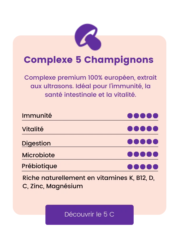 Gélules Complexe 5 Champignons French Mush, riche en vitamines et minéraux, pour immunité, vitalité, digestion et microbiote.