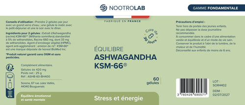 Étiquette du produit Ashwagandha KSM-66 Nootrolab, indiquant les ingrédients, posologie et bienfaits pour le stress et l’énergie mentale.