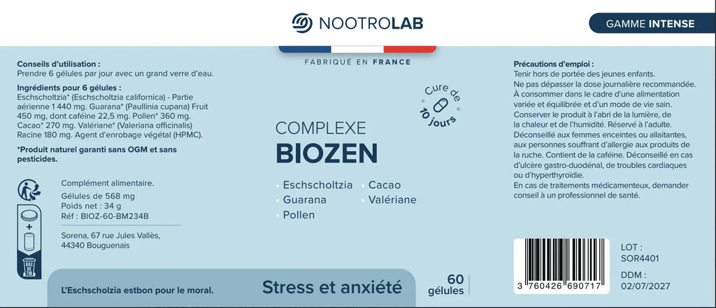 Étiquette du complément Complexe Biozen I Relaxant naturelle à base de plantes, avec ingrédients comme cacao, pollen et mélisse pour apaiser l’anxiété.