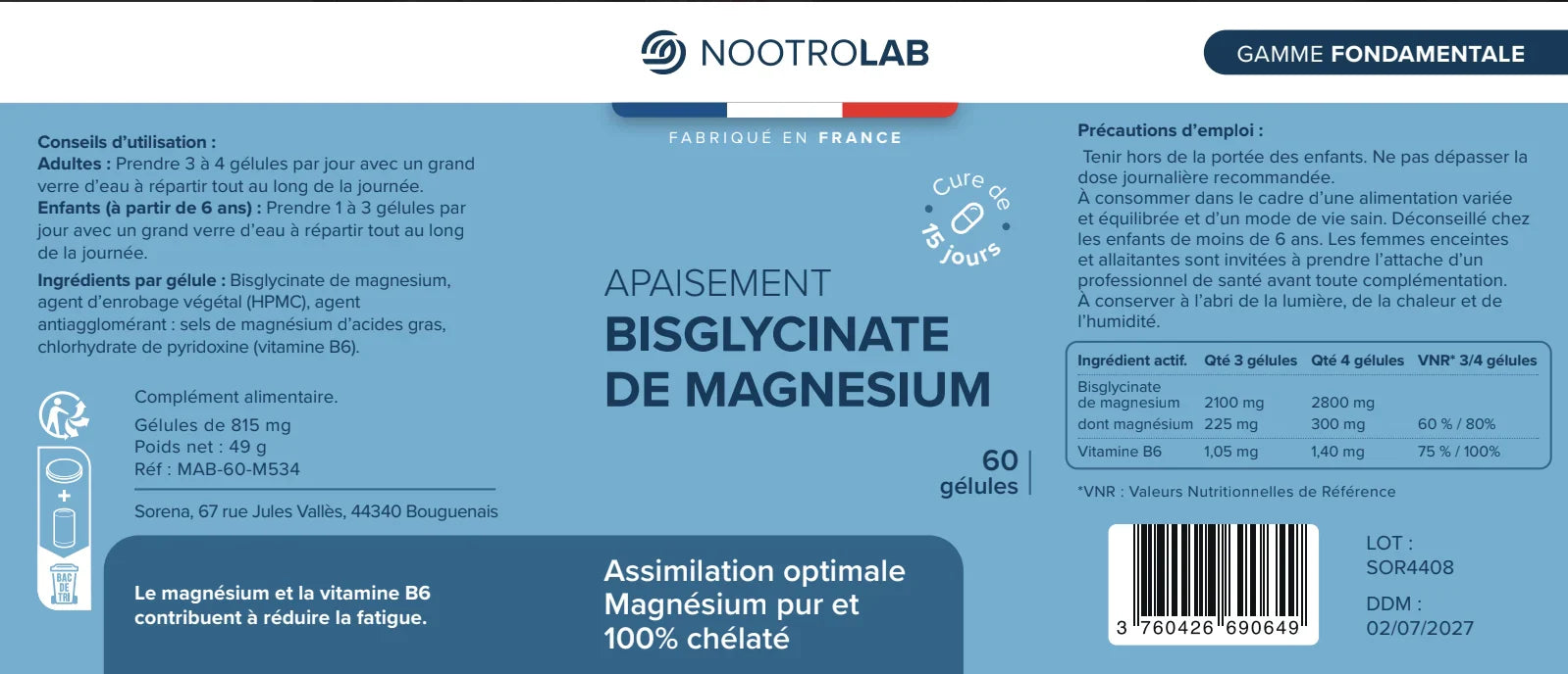 Étiquette du Bisglycinate de Magnésium Nootrolab, complément minéral avec B6 pour assimilation optimale et soutien contre la tension nerveuse.