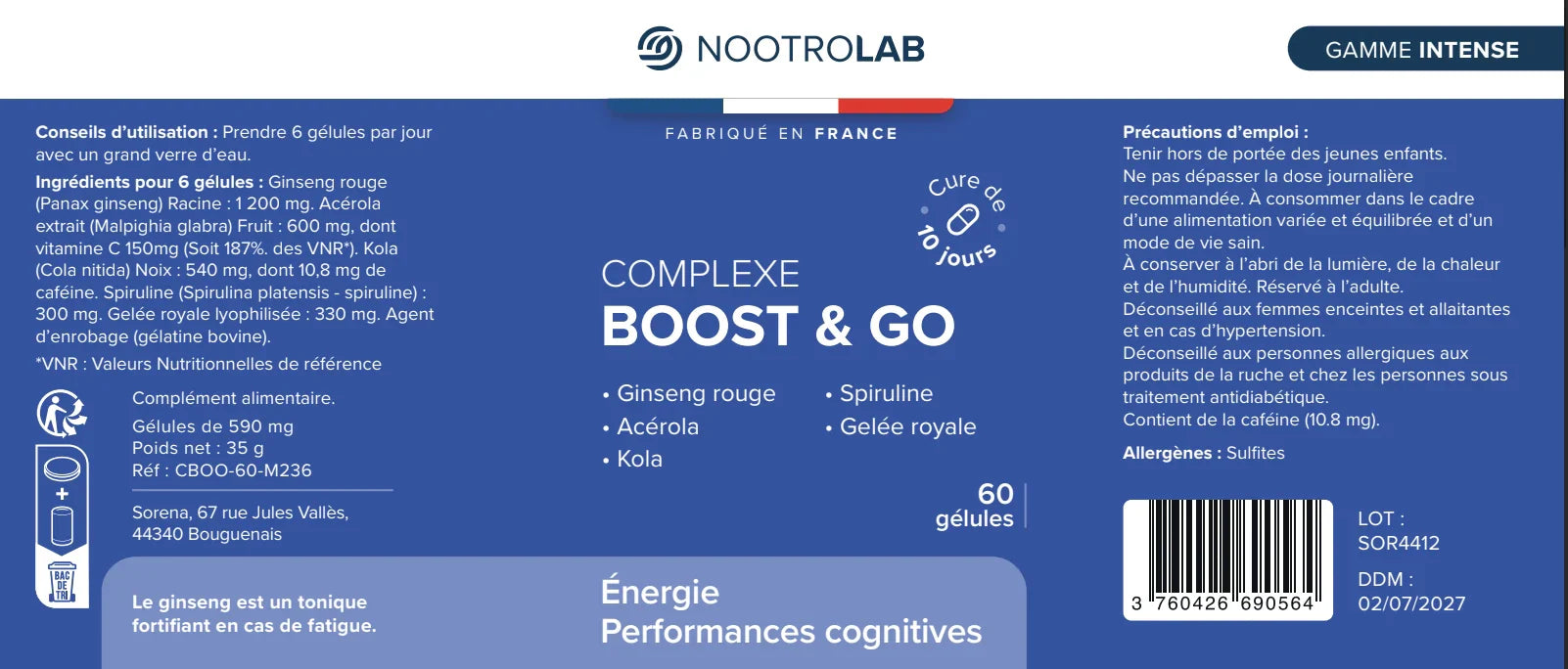 Étiquette du flacon Complexe Boost & Go - Énergie Naturelle, détaillant ingrédients comme acérola, gelée royale et spiruline, avec conseils d’utilisation et précautions.