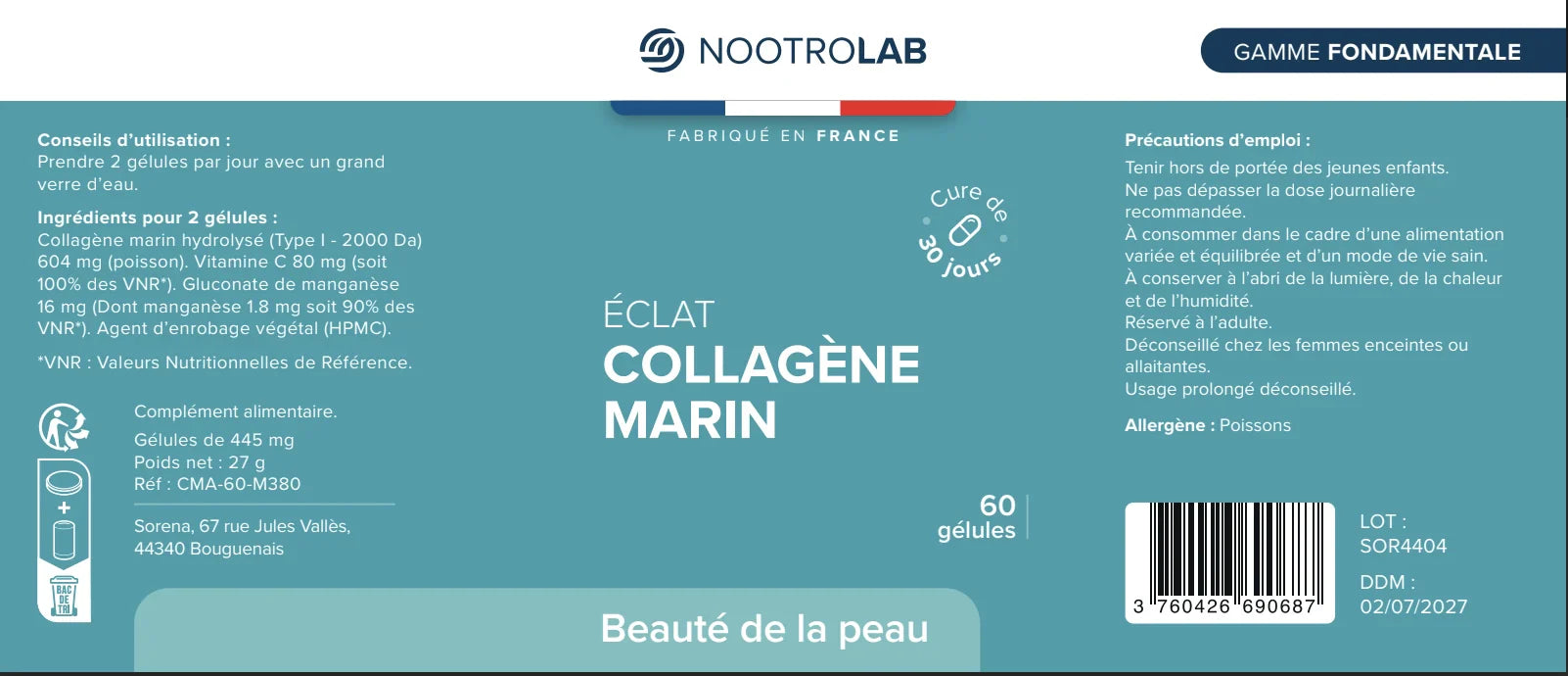 Étiquette du Collagène Marin Éclat Nootrolab, détails ingrédients, posologie et informations nutritionnelles pour soin peau et articulations.